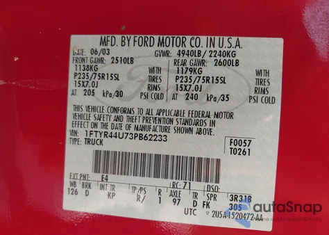 2003 Ford Ranger Edge/Tremor/Xlt from USA, damaged, VIN 1FTYR44U73PB62233